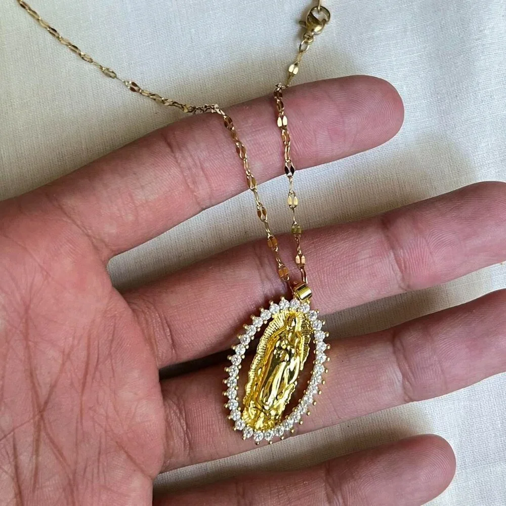 vintage style virgin mary grunge rhinestone gold cross pendant necklace
